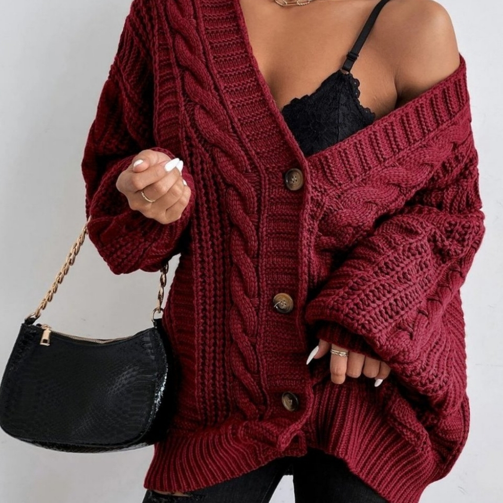 Burgundy Womens button down Cable Knit Cardigan - Picture 4 of 4